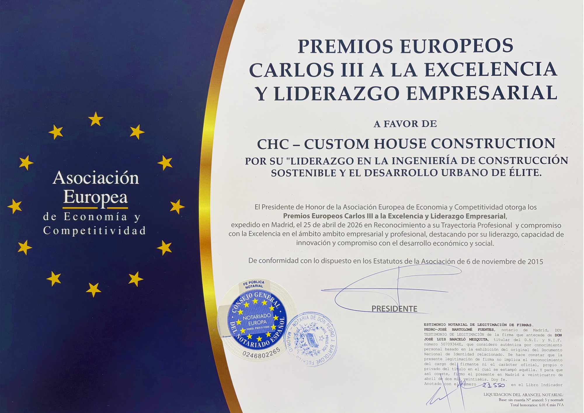 Certificado de los Premios Europeos Carlos III 2026 a favor de CHC – Custom House Construction